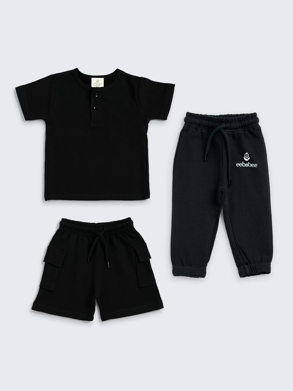 Black Squad Combo Set for Boys – Tee, Shorts & Joggers