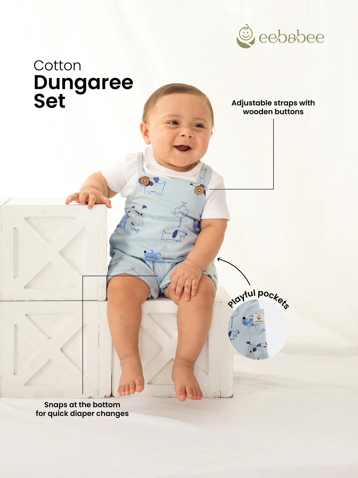 Cotton Dungaree Set with Playful Puppy Print
