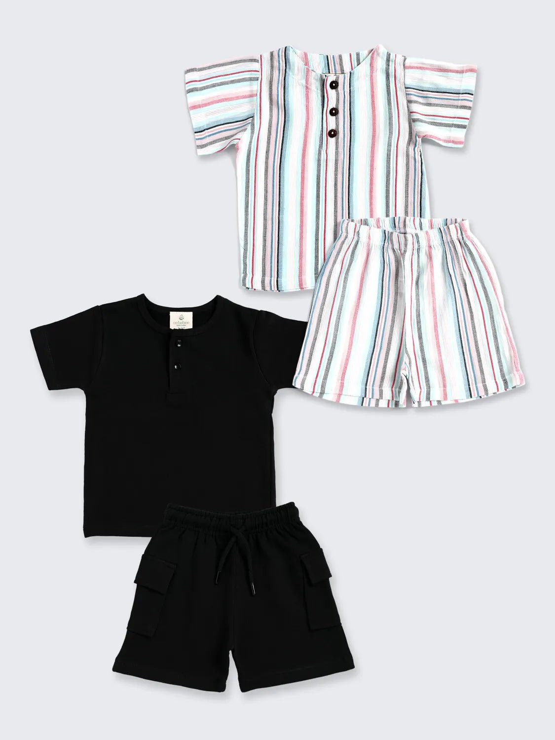 Unisex 2-Set Summer Combo – Black Solid & Striped Shorts Set
