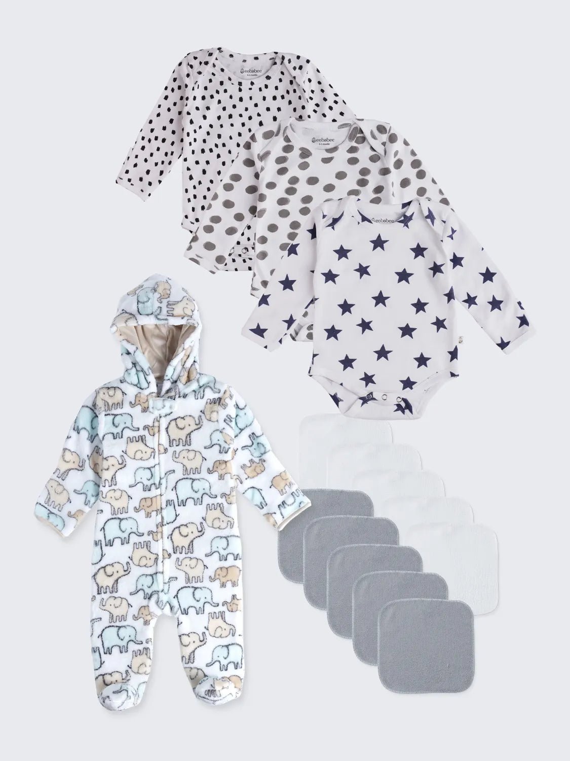 Baby Essentials Combo – 3 Long Sleeve Bodysuits, 10 Washcloths & 1 Hooded Sleepsuit