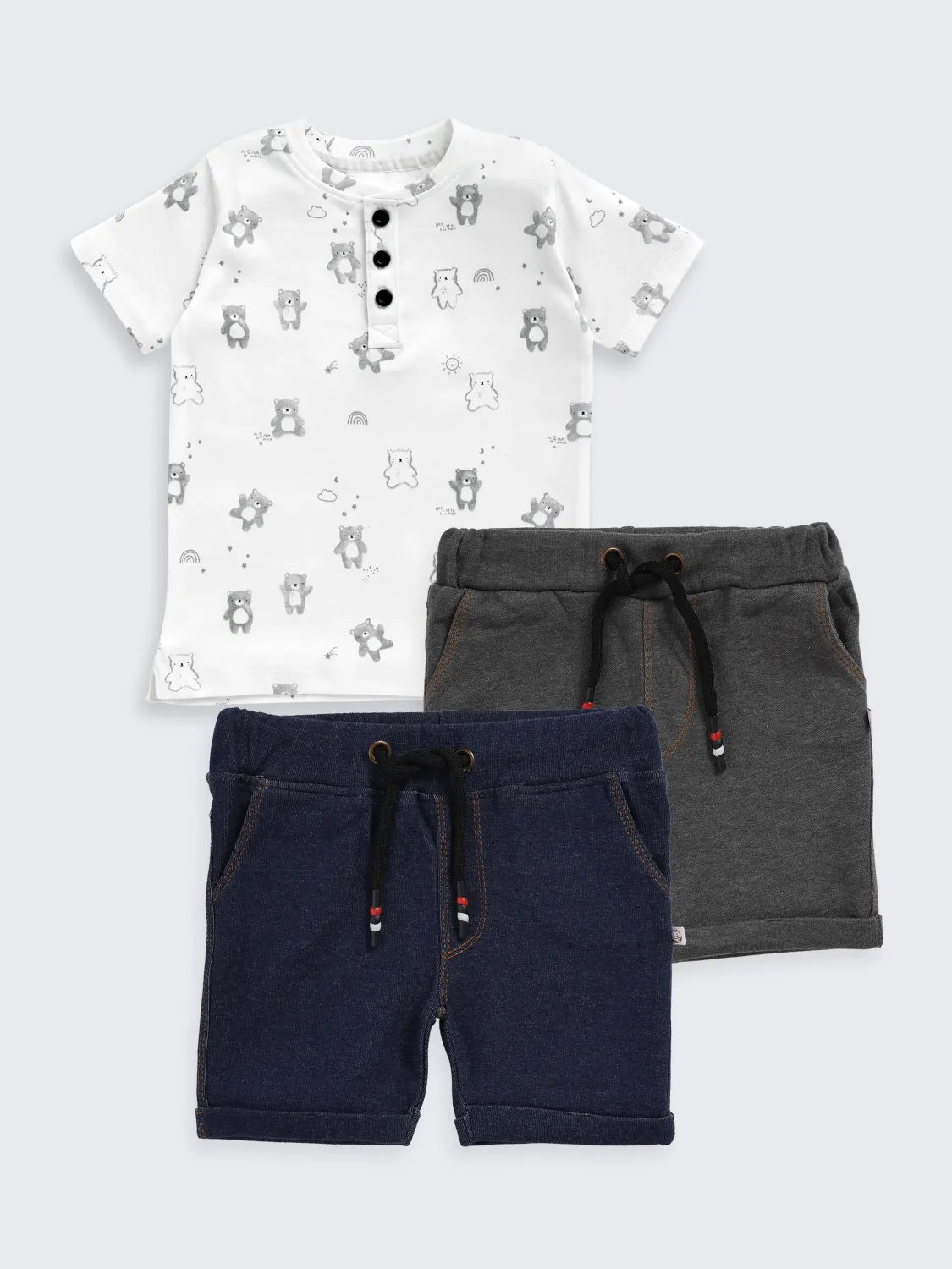 Henley Tee & Denim-Look Shorts Combo for Boys – 3-Piece Set