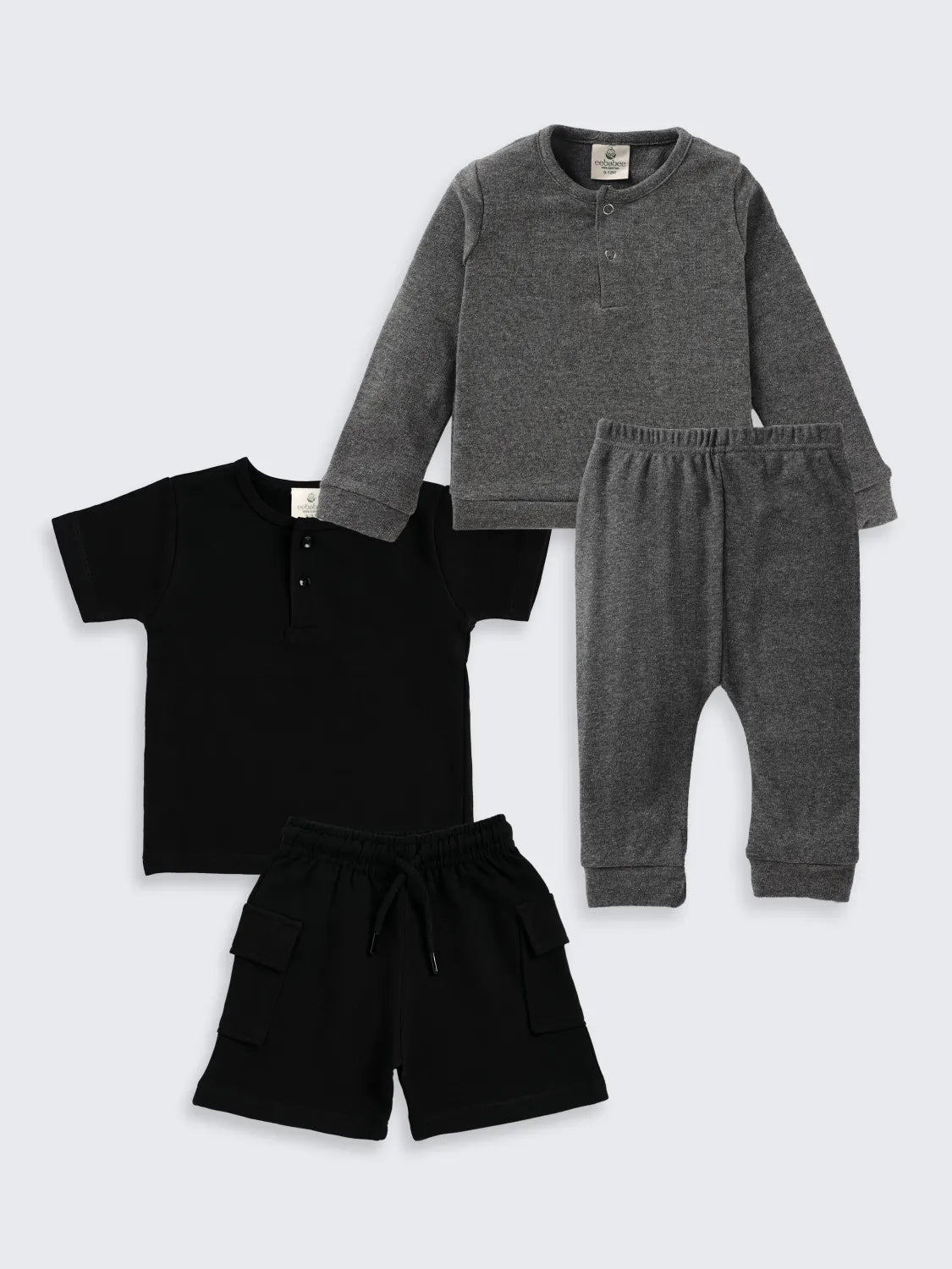 Henley Style 4-Piece Boys Combo Set – Tee, Sweatshirt, Joggers & Cargo Shorts