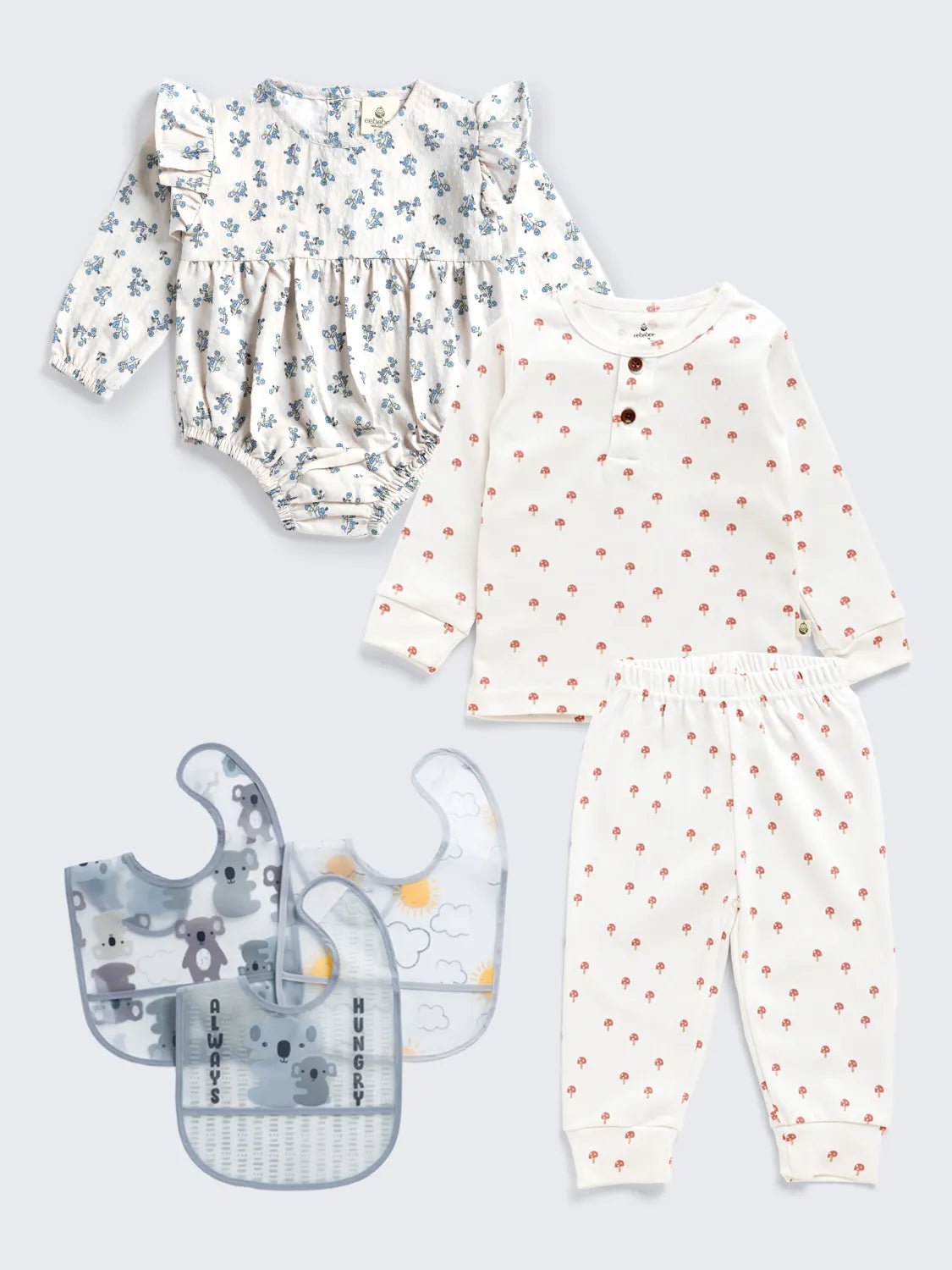 Baby Girl’s Picnic-Ready Combo with Bodysuit, Pajama Set & PEVA Bibs – 6 Pc Pack