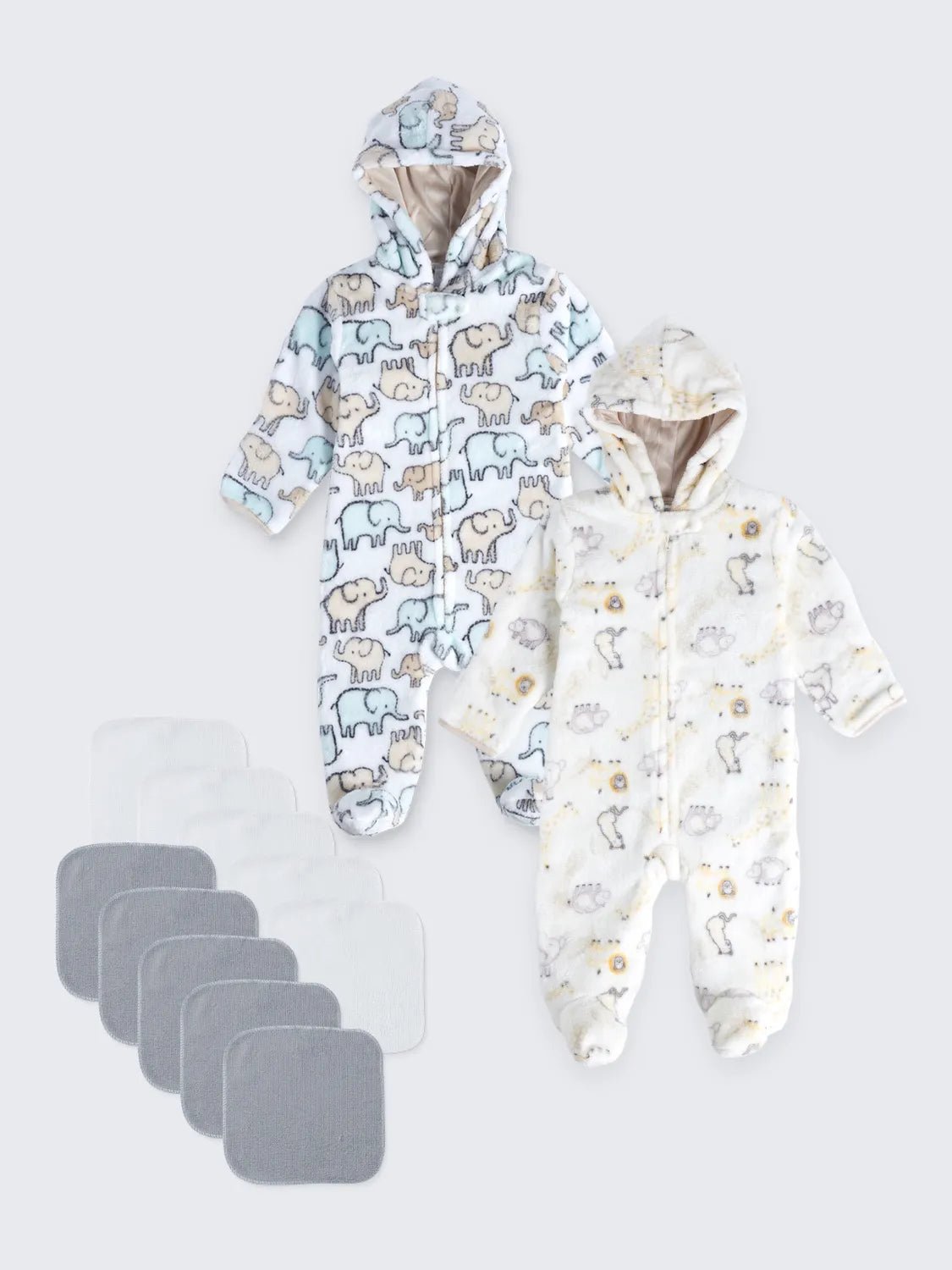 Baby Winter Essentials – 2 Hooded Sleepsuits + 10 Flannel Washcloths
