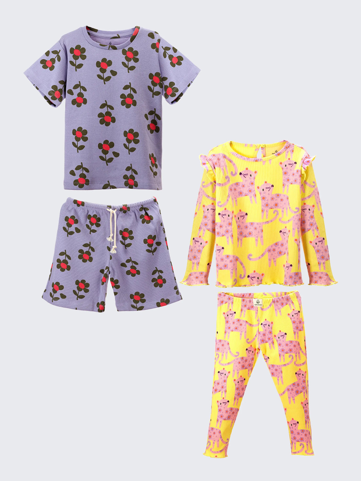 Colorful Girls’ Picnic Combo – Cherry Shorts Set & Panther Pajama Set