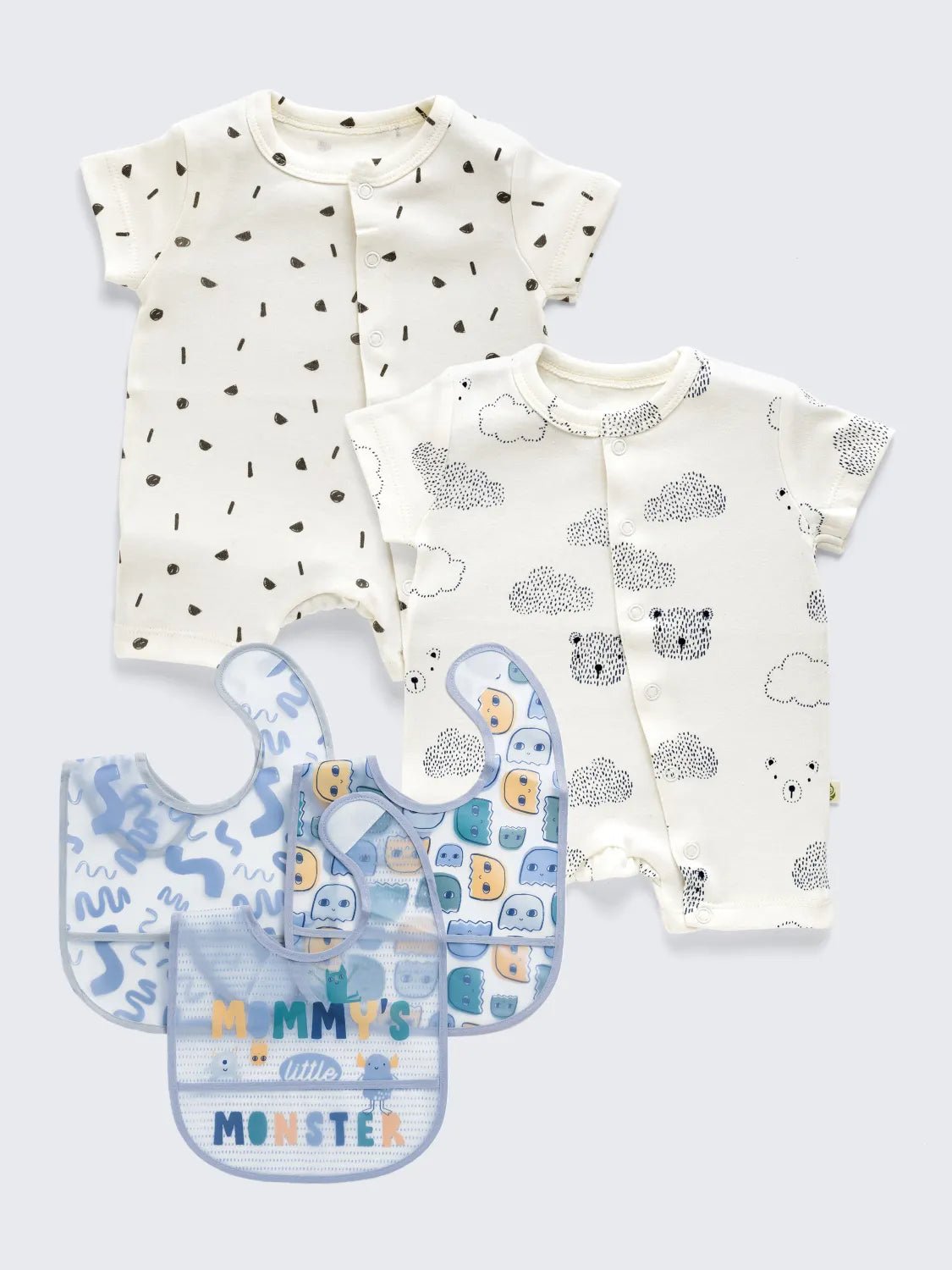 2 Pc Baby Romper Set with 3 Pc Waterproof PEVA Bib Combo