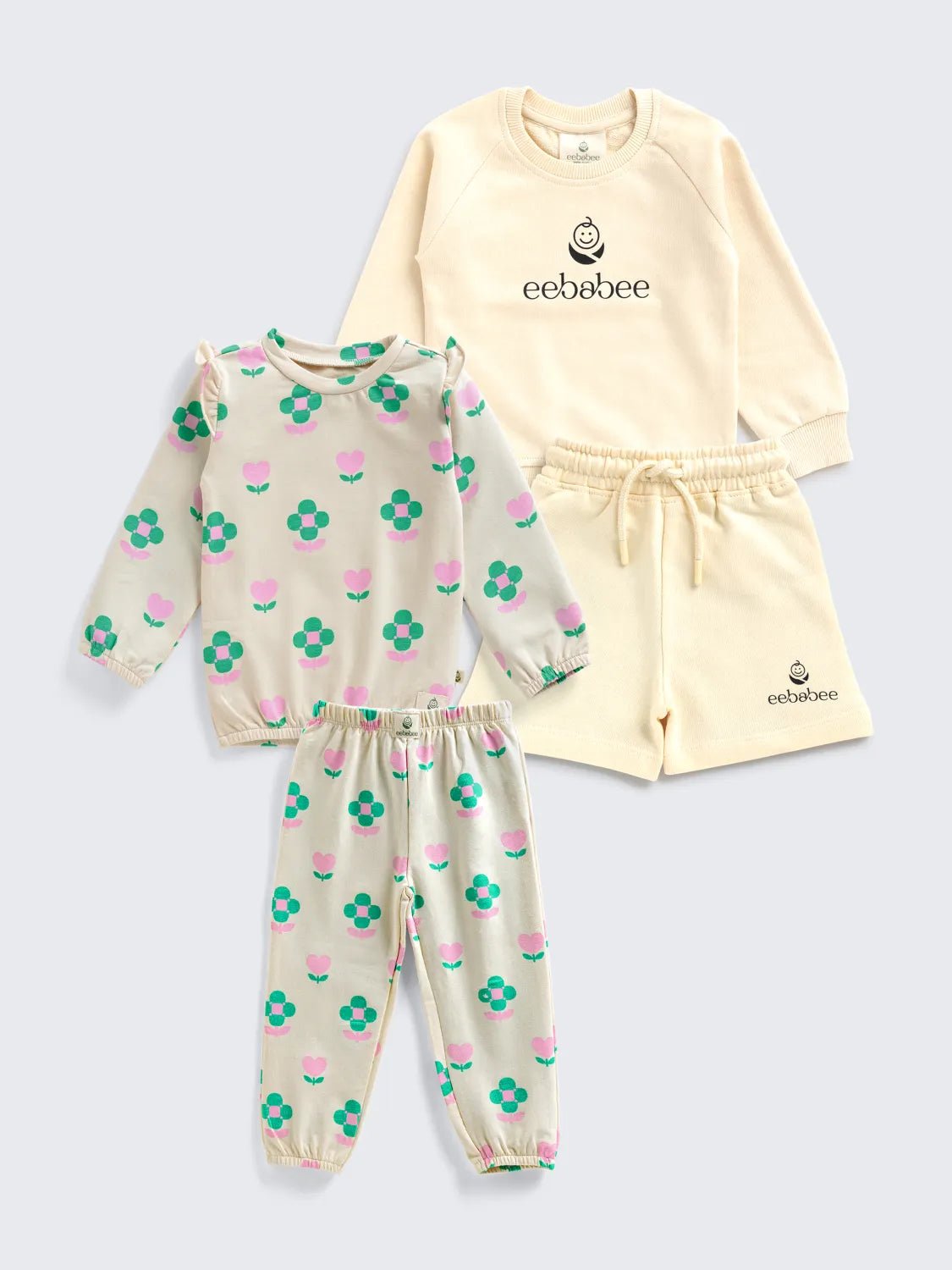 Girls’ 4 Pc Stylish Sweatshirt, Shorts & Floral Jogger Combo Set