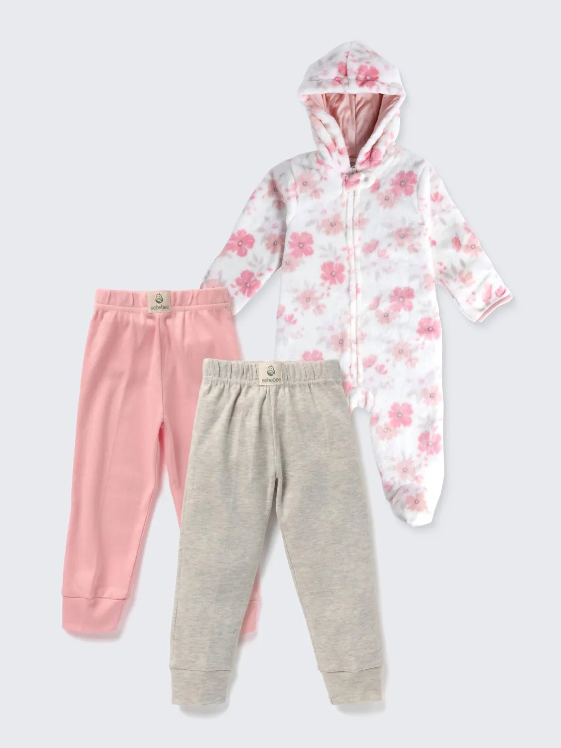 Baby Girl Winter Bundle – Hooded Warm Sleepsuit with 2 Comfy Pants