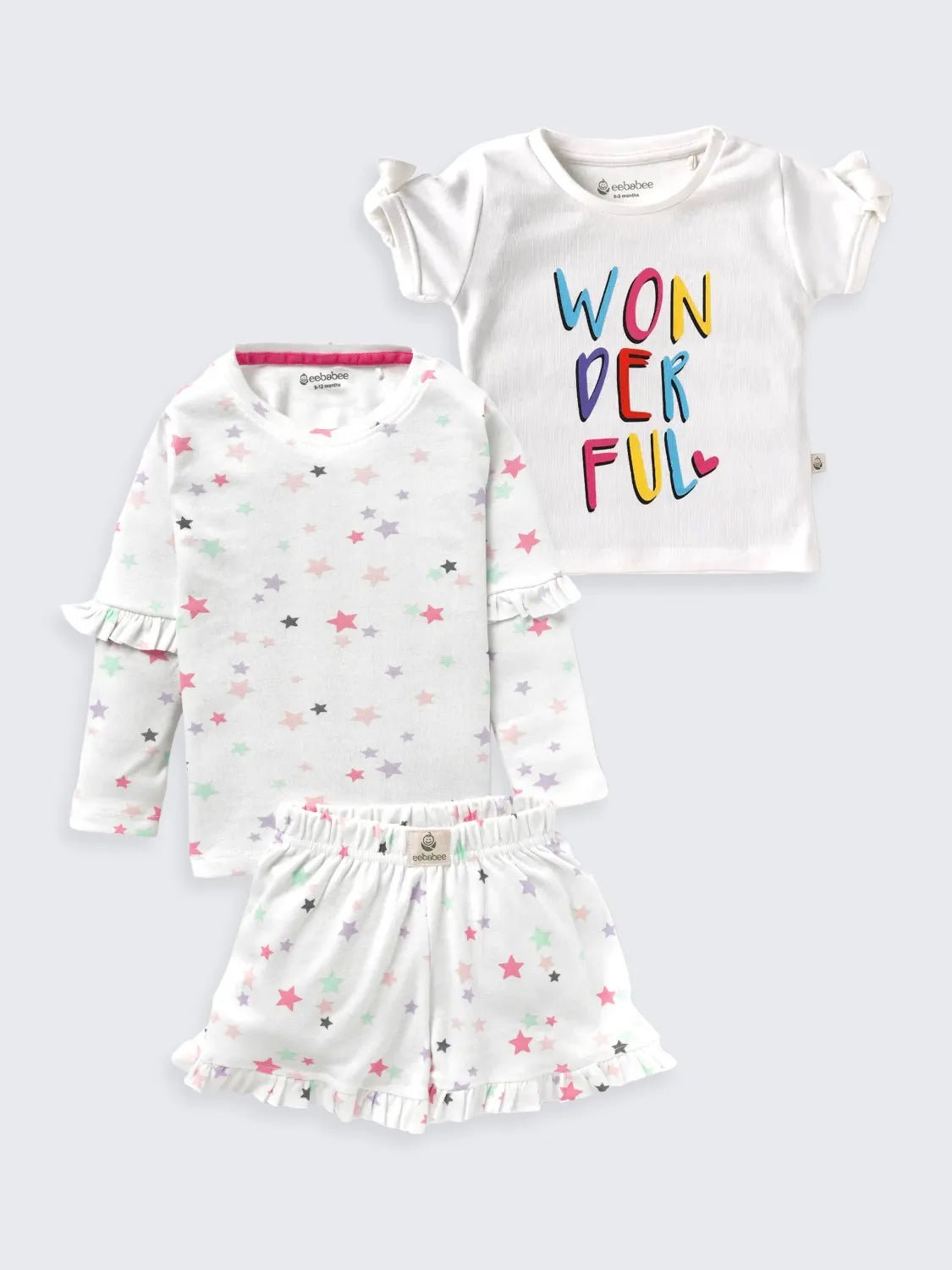 Girls’ Starry Skirt Set with “Wonderful” Graphic Tee – 3 Pc