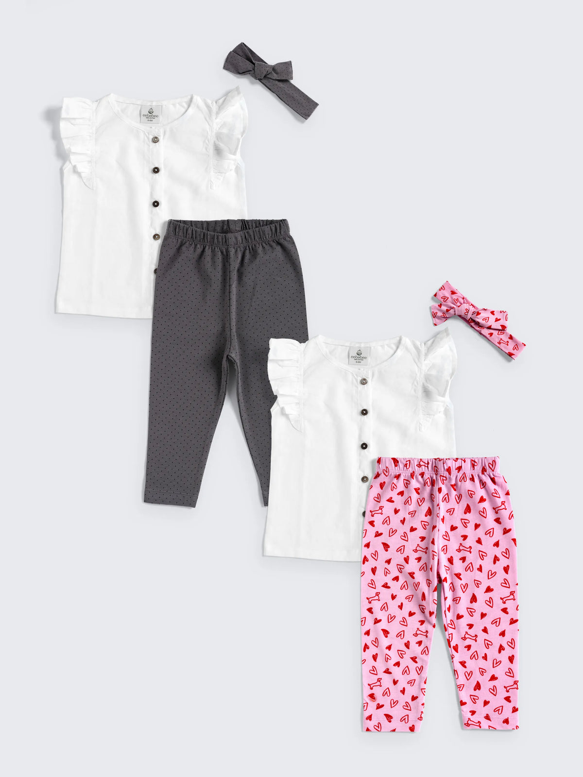 Twin Style Combo Set for Baby Girls – 2 Tops, 2 Leggings & 2 Headbands
