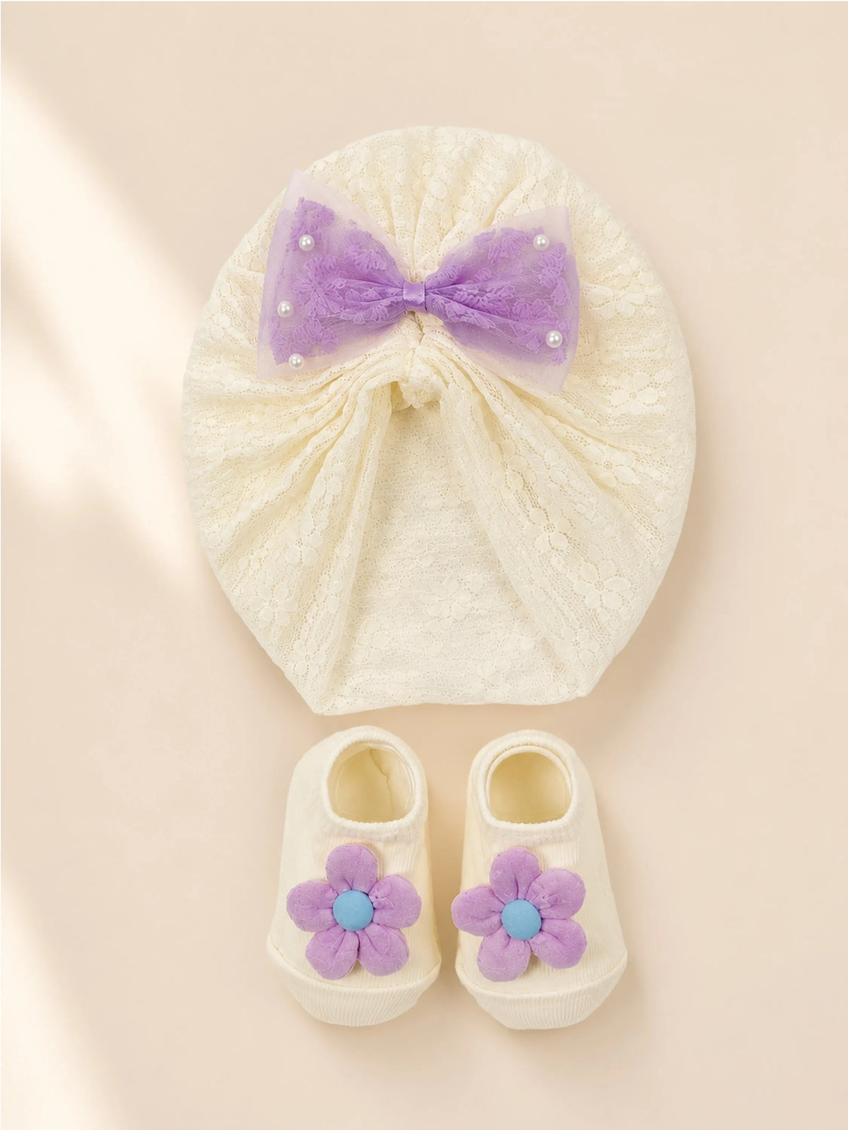 Baby Turban Cap & Booties Set - Cream With Purple