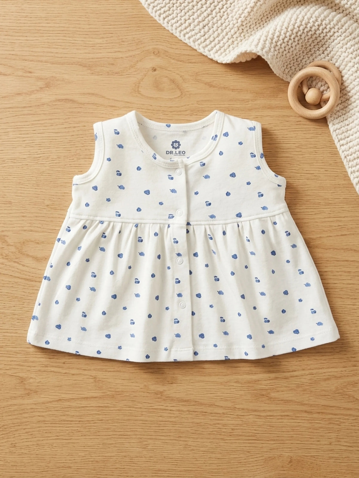 Baby Girls White & Blue Printed Cotton Frock