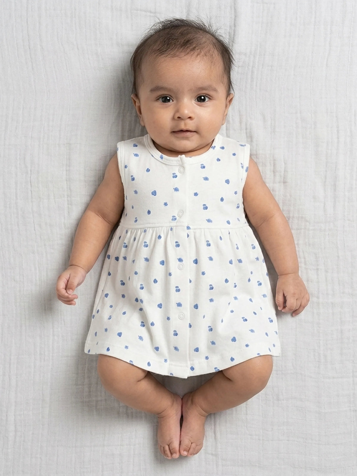 Baby Girls White & Blue Printed Cotton Frock