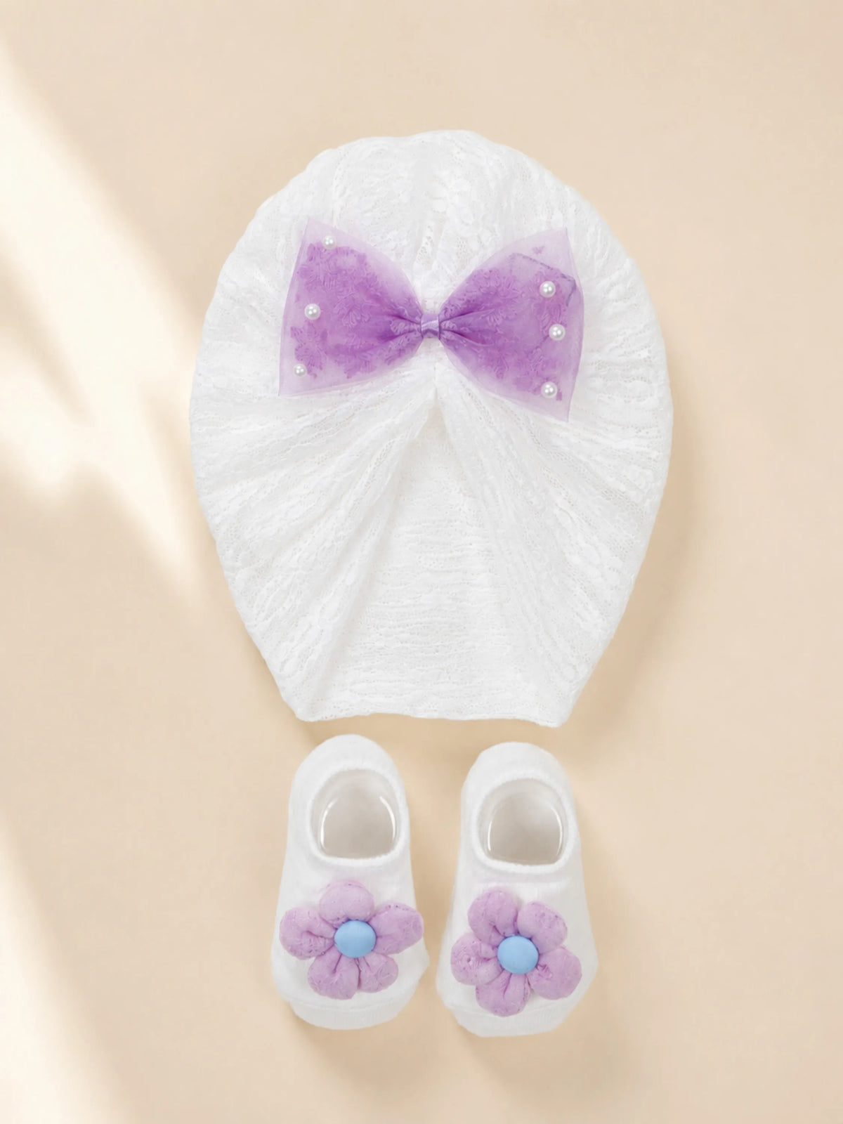 Baby Turban Cap & Booties Set - Cream With Lavender