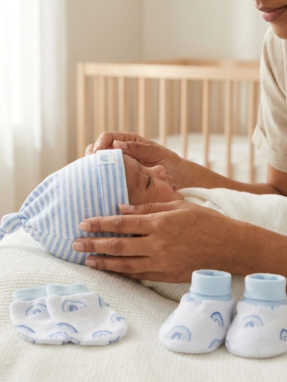 Newborn Cotton Cap, Mittens & Booties Set – Blue Rainbow