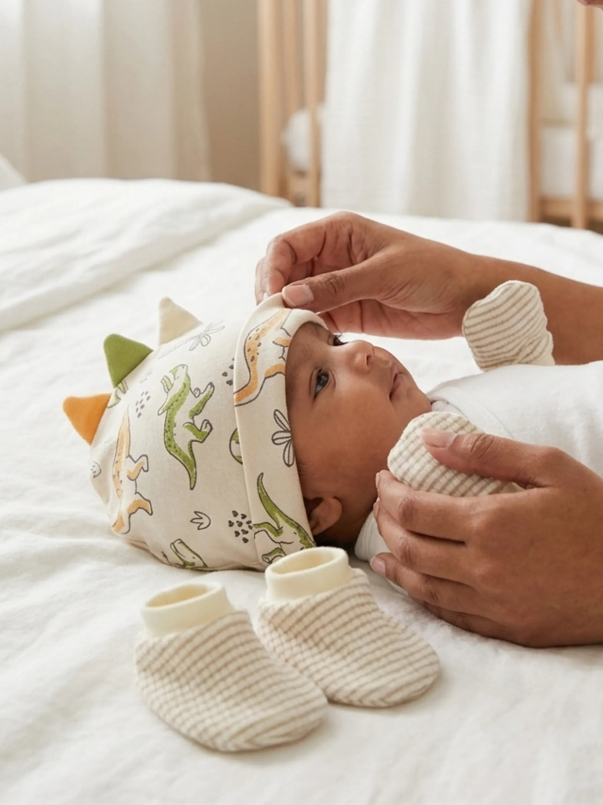 Newborn Cap, Mittens & Booties Set – Dinosaur Print