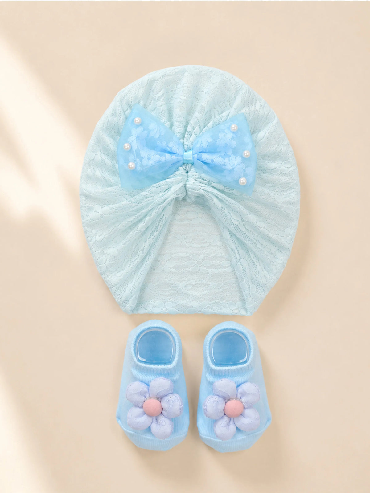 Baby Turban Cap & Booties Set - White With Sky Blue