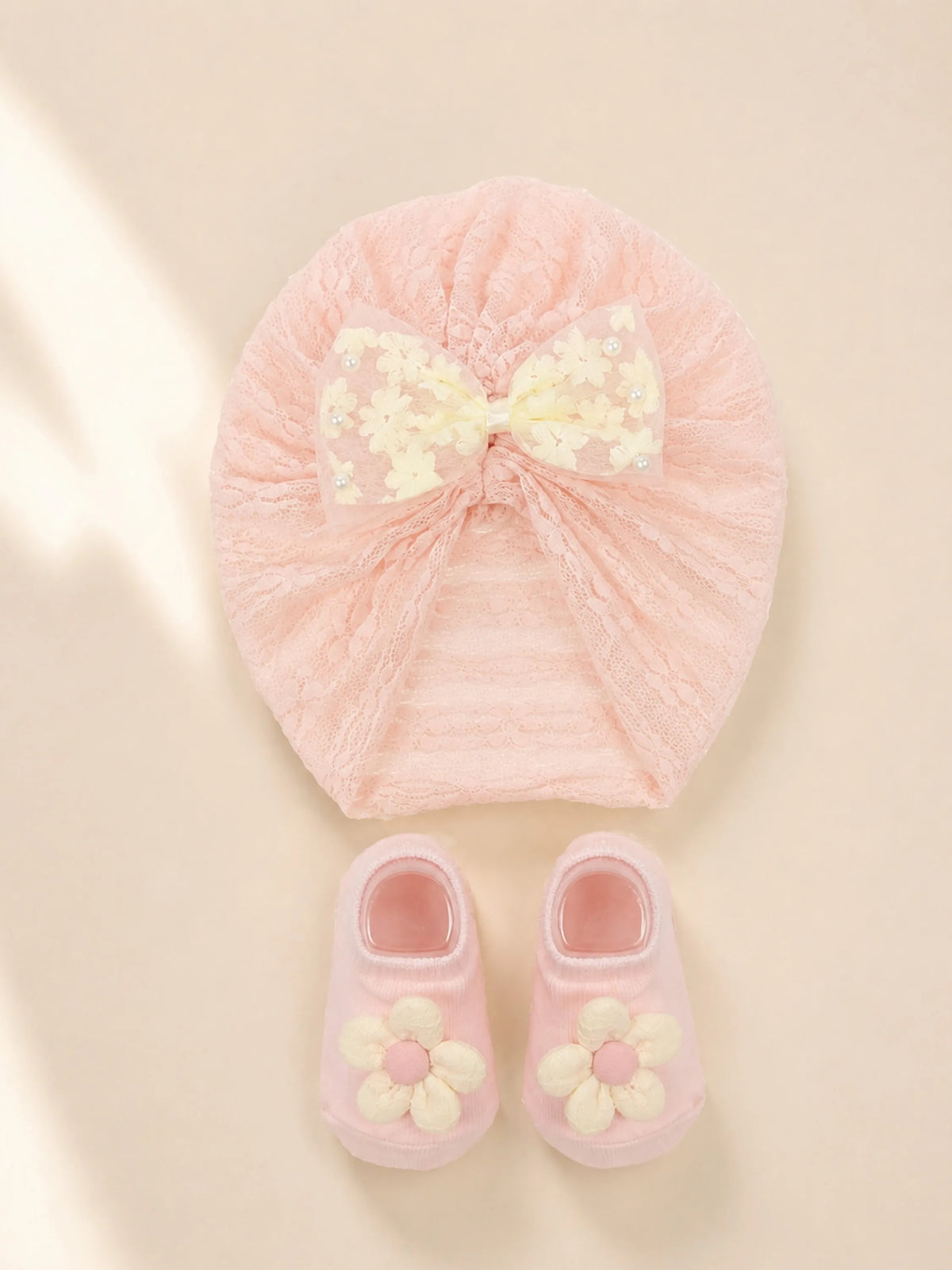 Baby Turban Cap & Booties Set - Peach