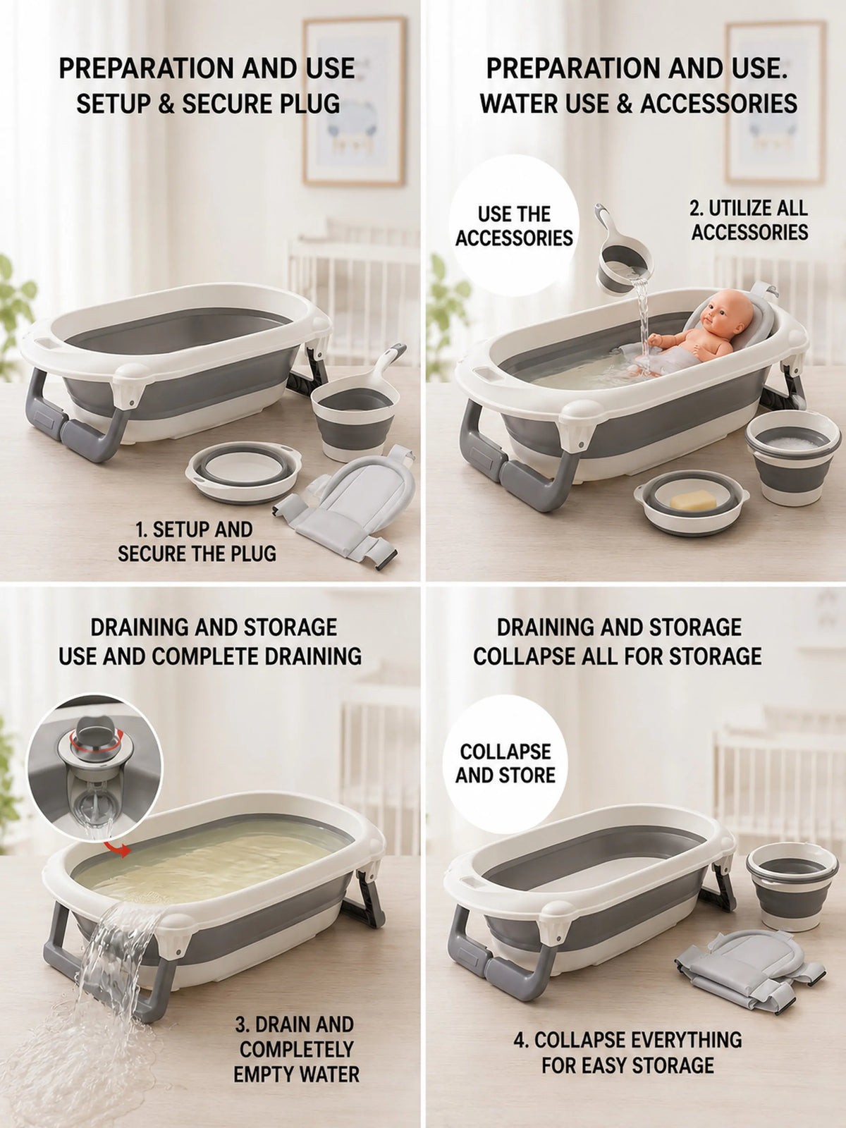 4-in-1 Foldable Baby Bath Tub Set with Bath Seat