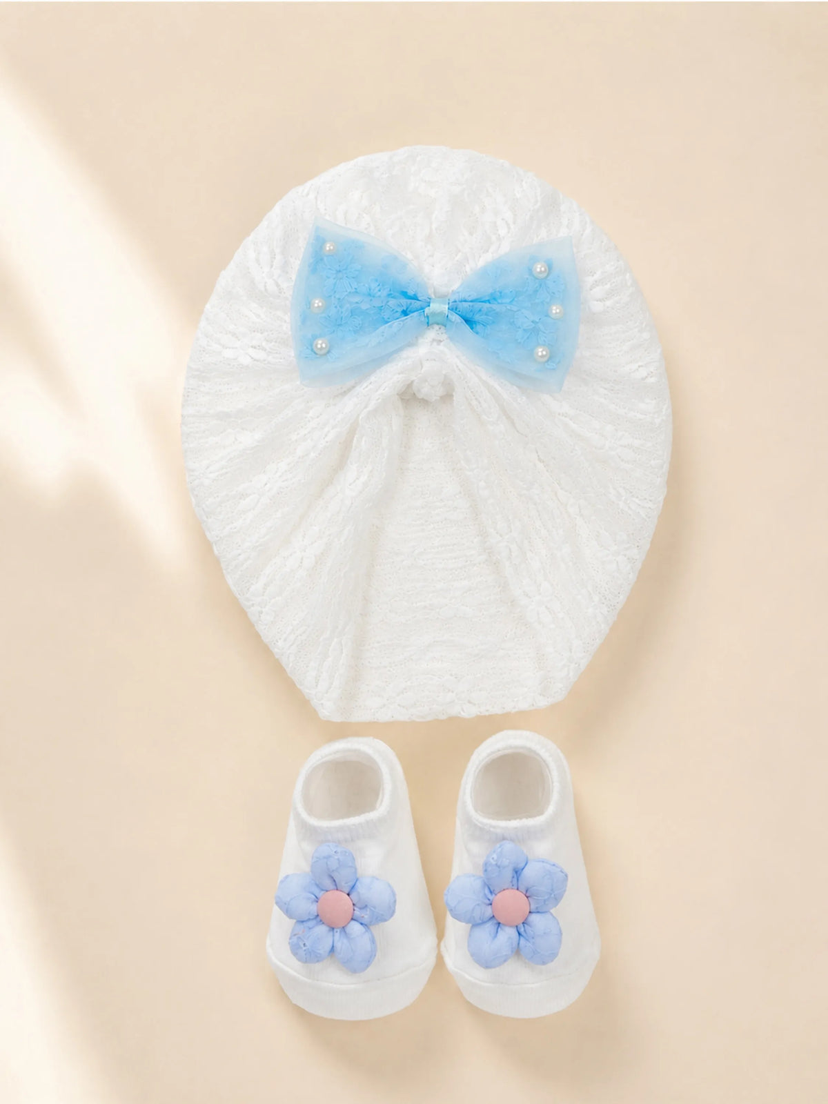 Baby Turban Cap & Booties Set - White With Blue