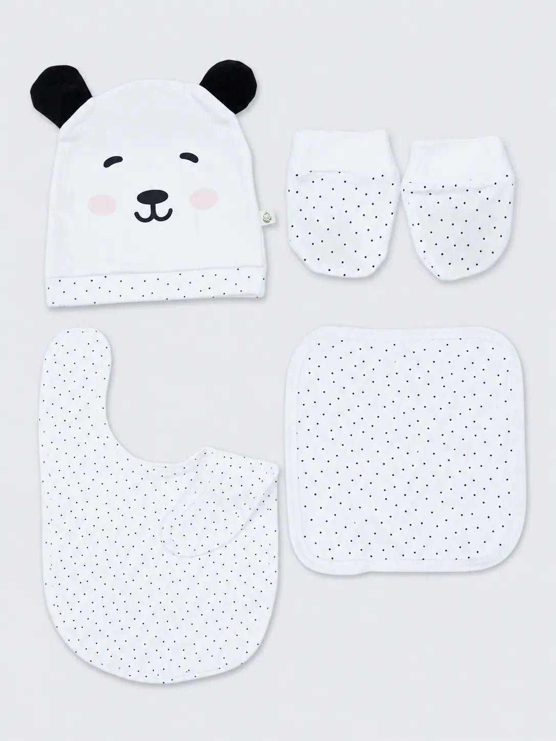 Newborn Essential Set with Cap, Mittens, Bib & Burp Cloth – White