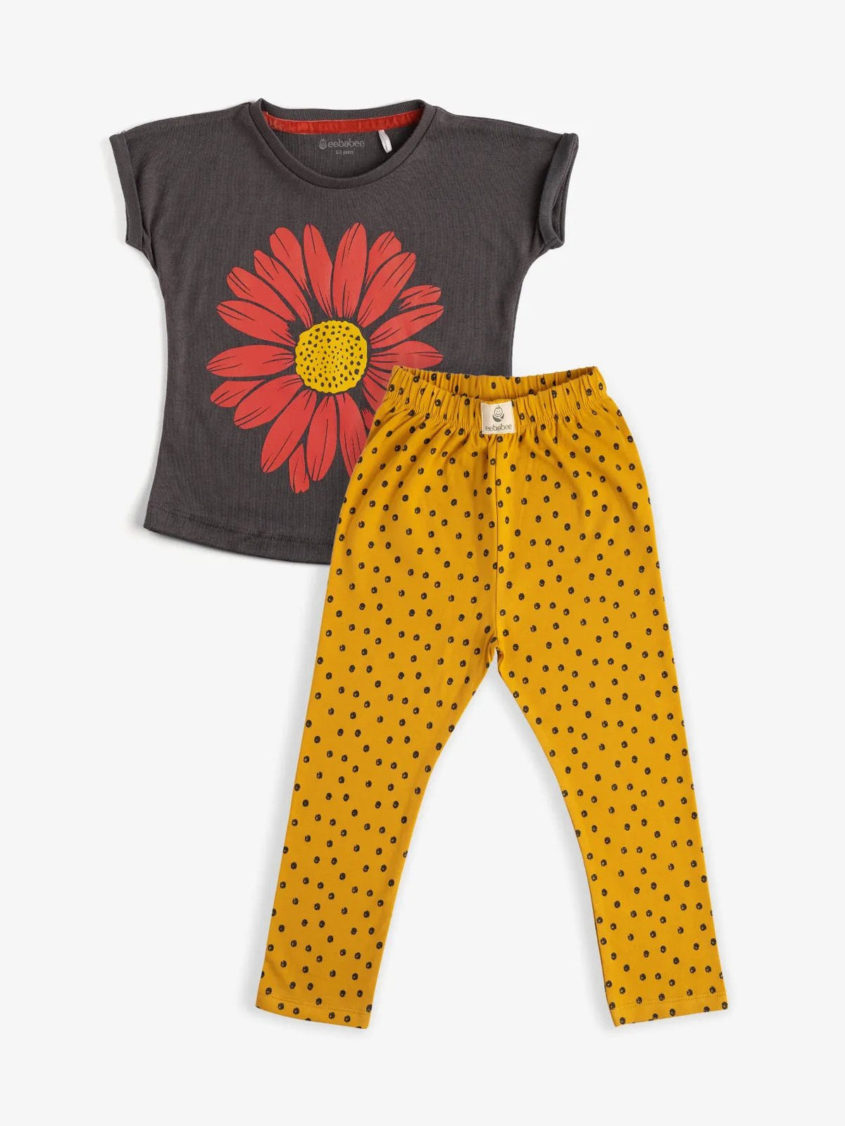 Half sleeve black pattern in yellow & brown t-shirt with leggings for baby girls