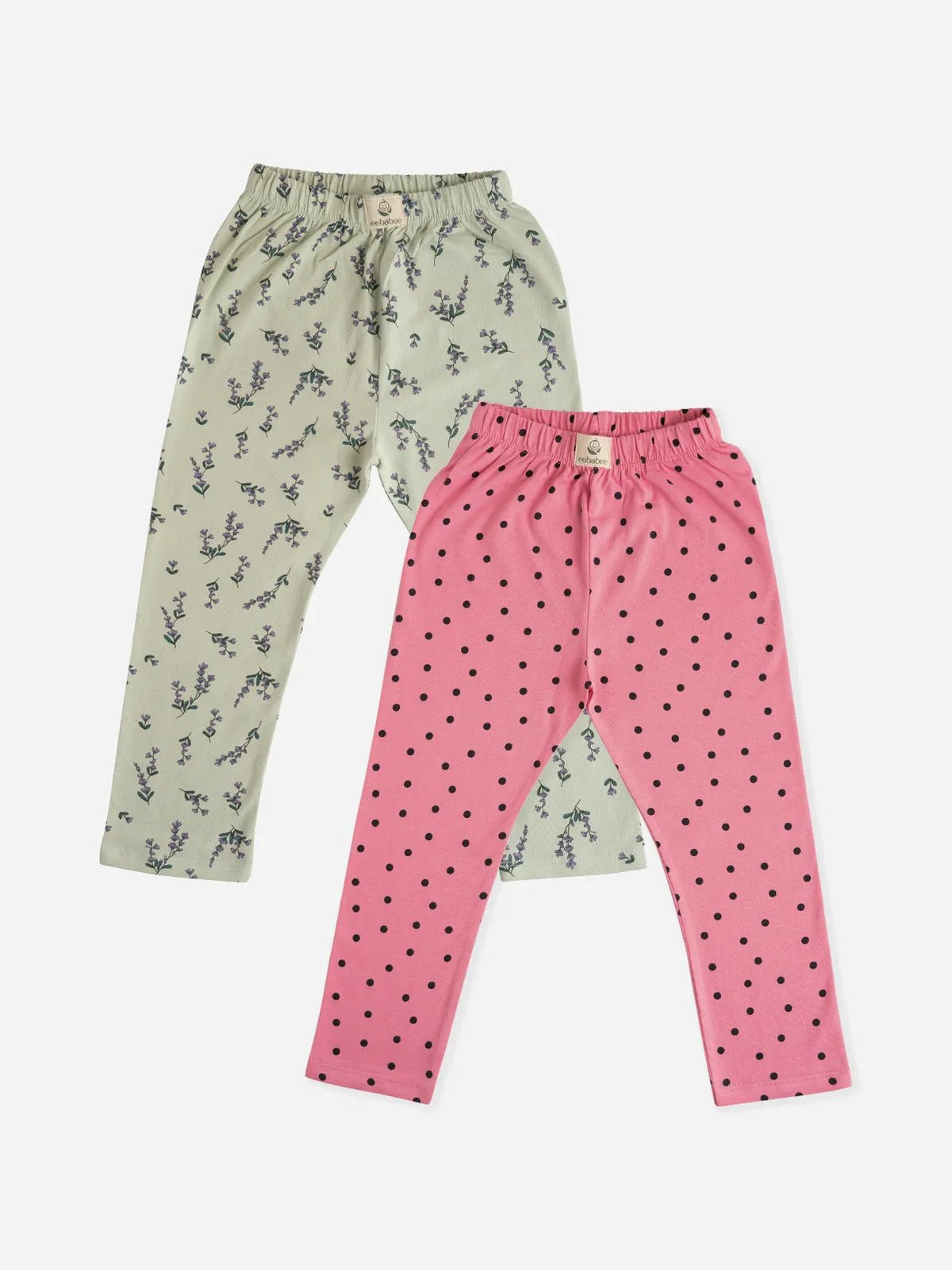 Lavender flower pattern in green & polka dot pattern in pink leggings combo for baby girl