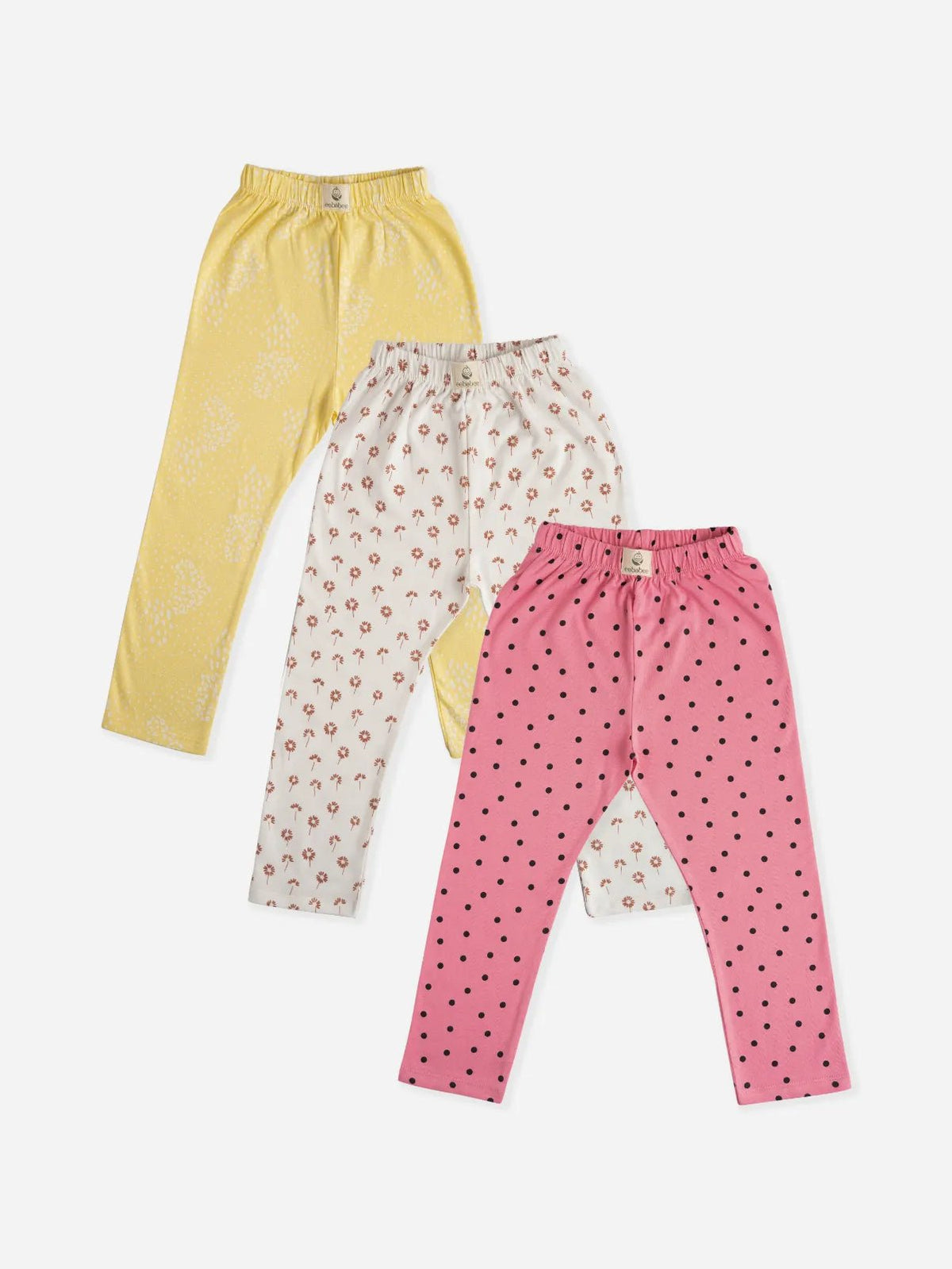 Black dot pattern in pink, flower pattern in white & graphic pattern in yellow leggings combo for baby girl - eebabee