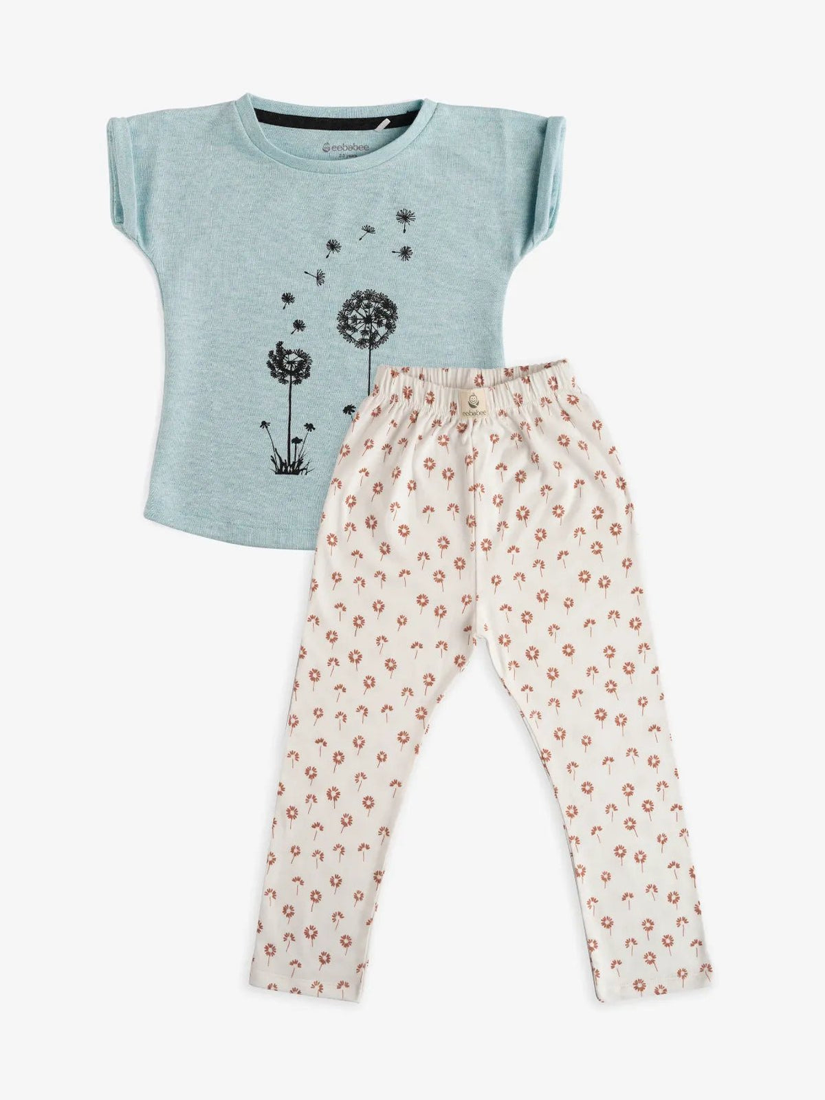 Half sleeve cyan & brown pattern in white t-shirt with leggings for baby girls