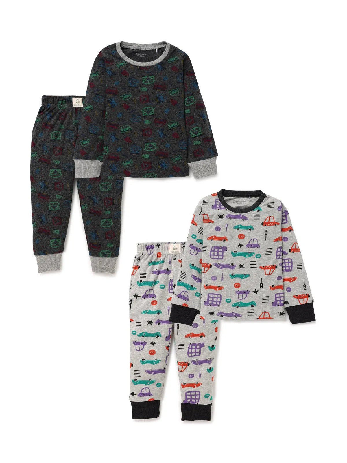Full sleeve graphic car pattern in white & grey pajama combo for baby