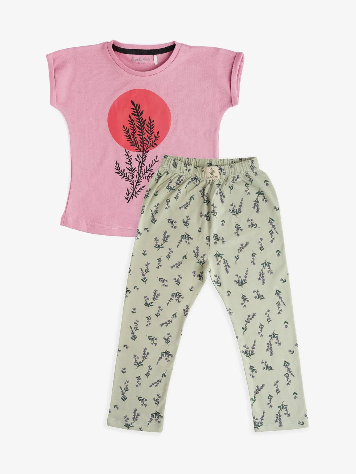 Half sleeve pink & lavender flower pattern in green t-shirt with leggings for baby girls