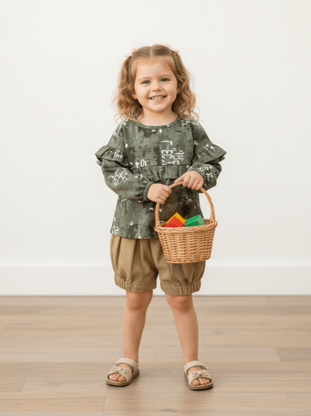 Olive color Top & Corduroy Shorts Set