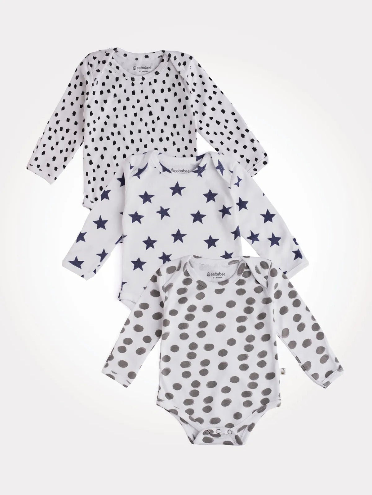 Full sleeve blue star pattern in white & pure white & black  bodysuit combo for baby