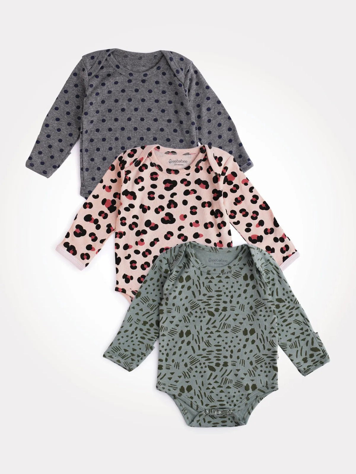 Full sleeve  grey, pink & green graphic pattern bodysuit combo for baby