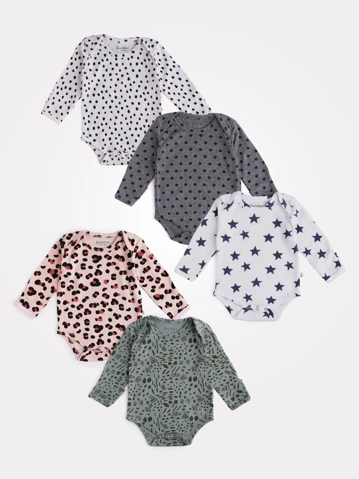 Full sleeve white, grey, pink & green bodysuits combo for baby