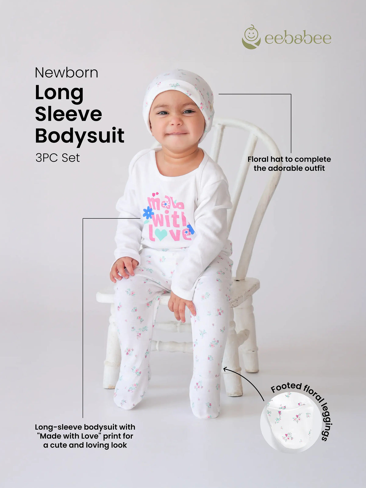 Newborn 'Made with Love' 3-Piece Long Sleeve Bodysuit Set