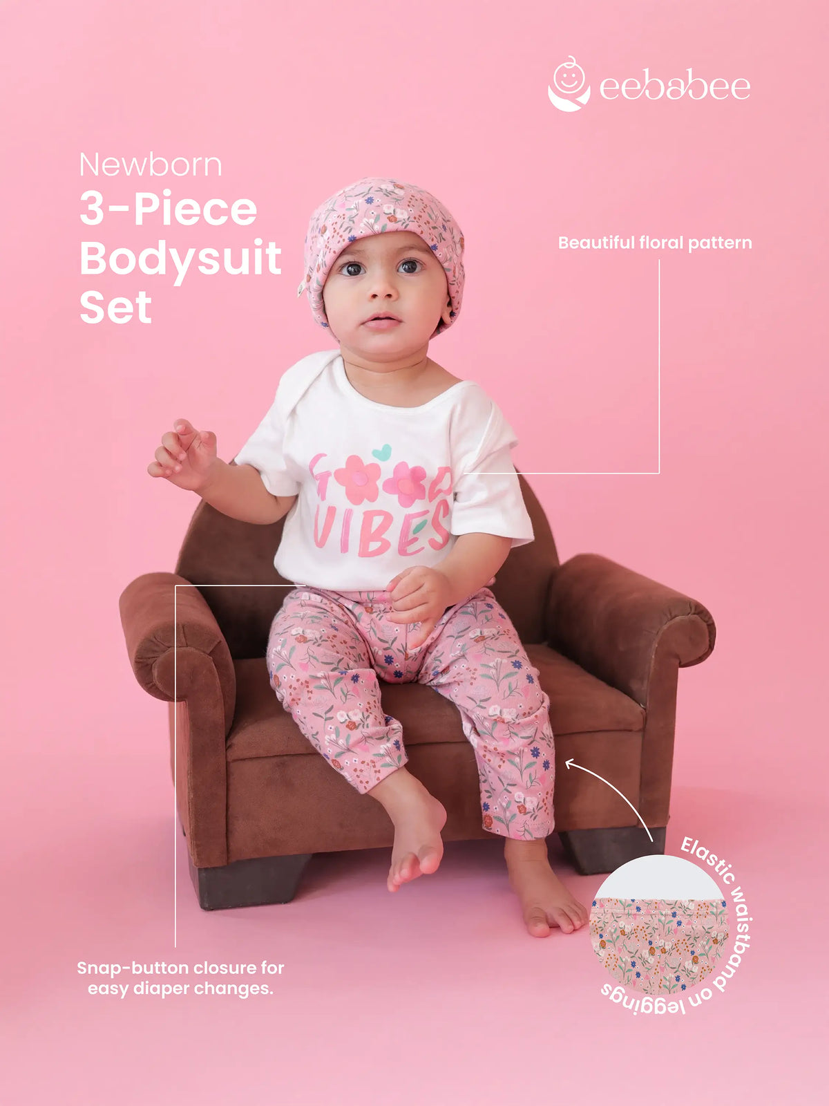 Newborn 'Good Vibes' 3-Piece Bodysuit Set for Baby Girl