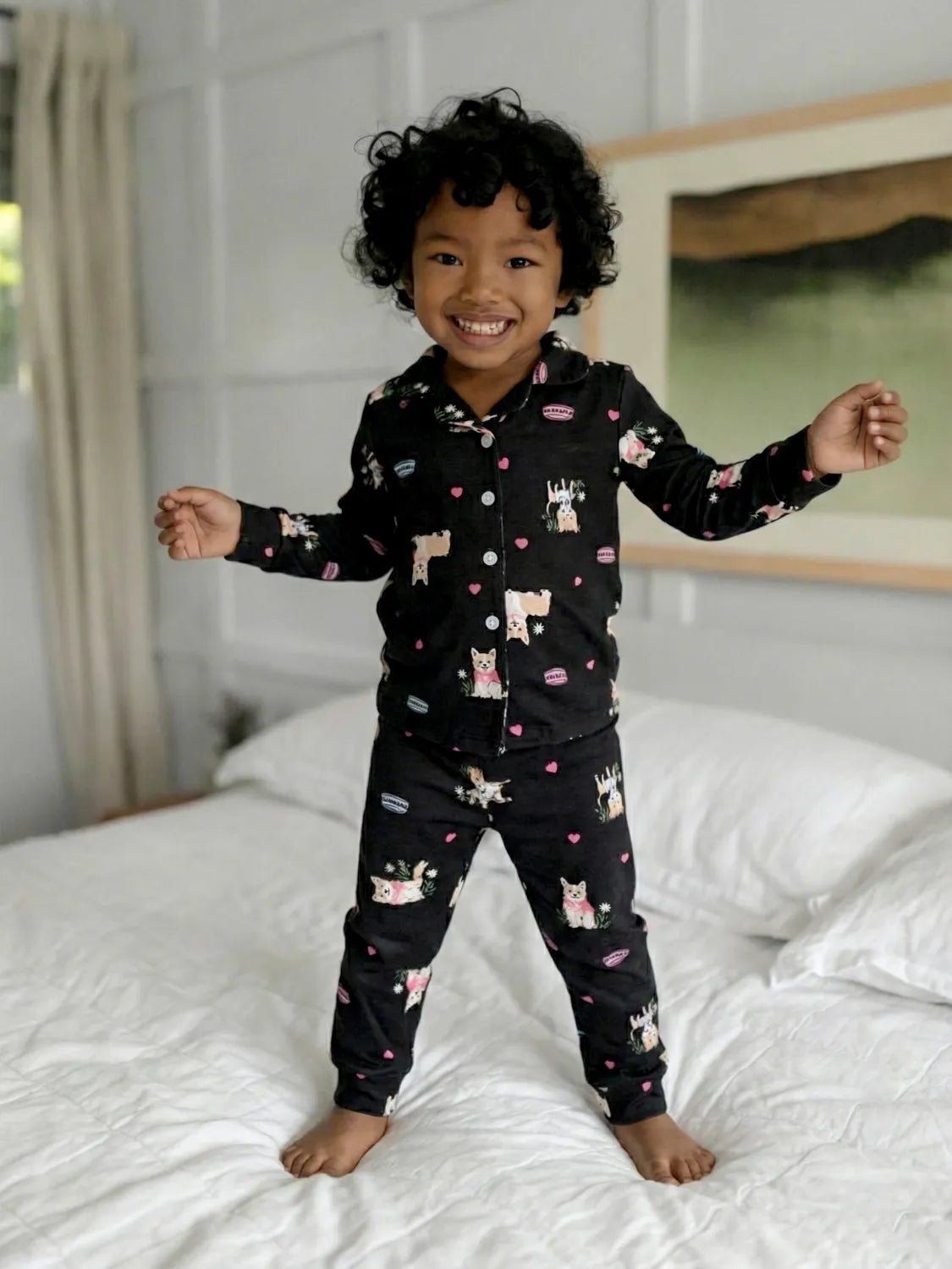 Puppy Print Full Sleeves Nightwear Set – Black