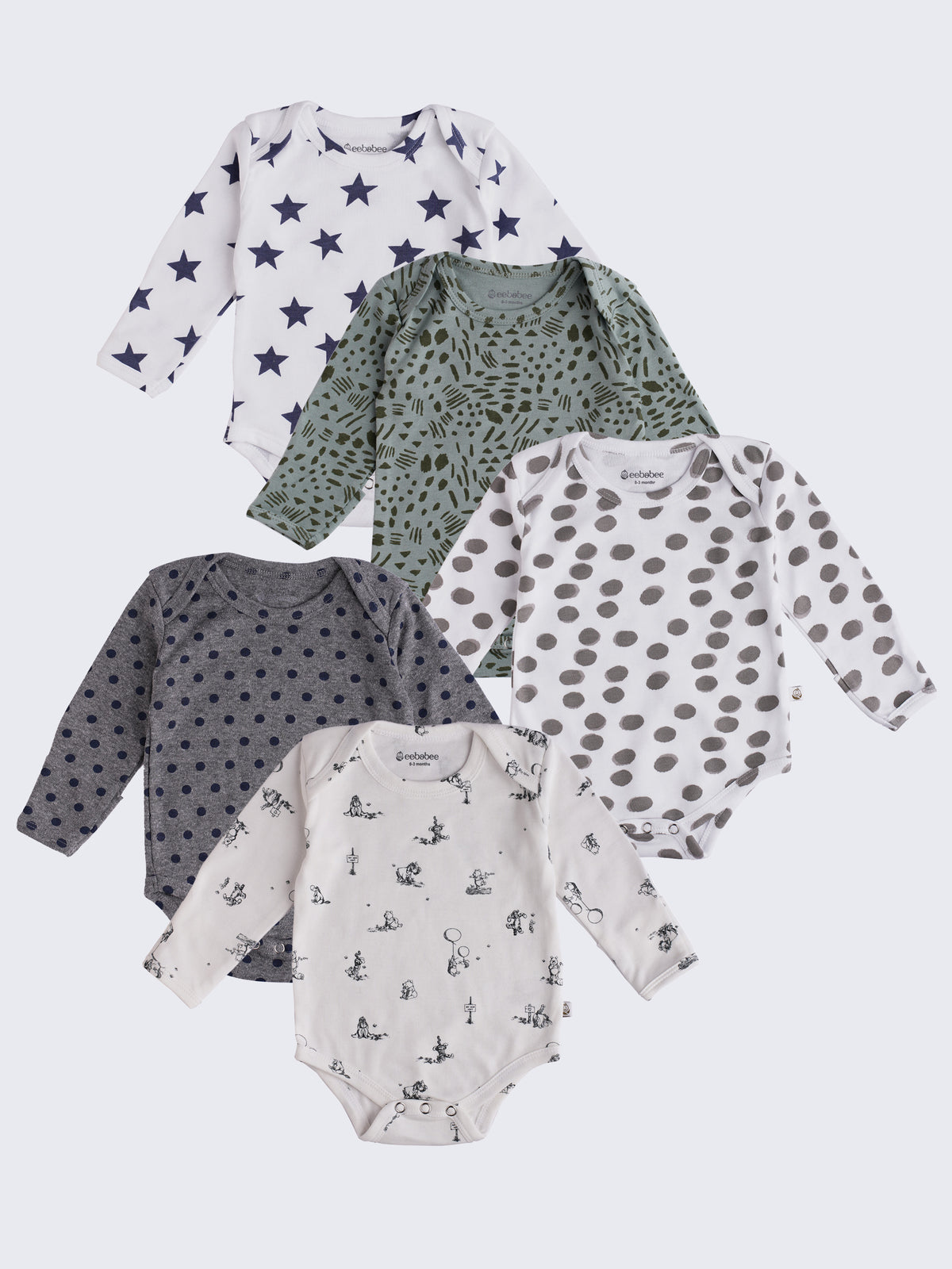5 Pc Baby Long Sleeve Bodysuits Everyday Friendly Bundle