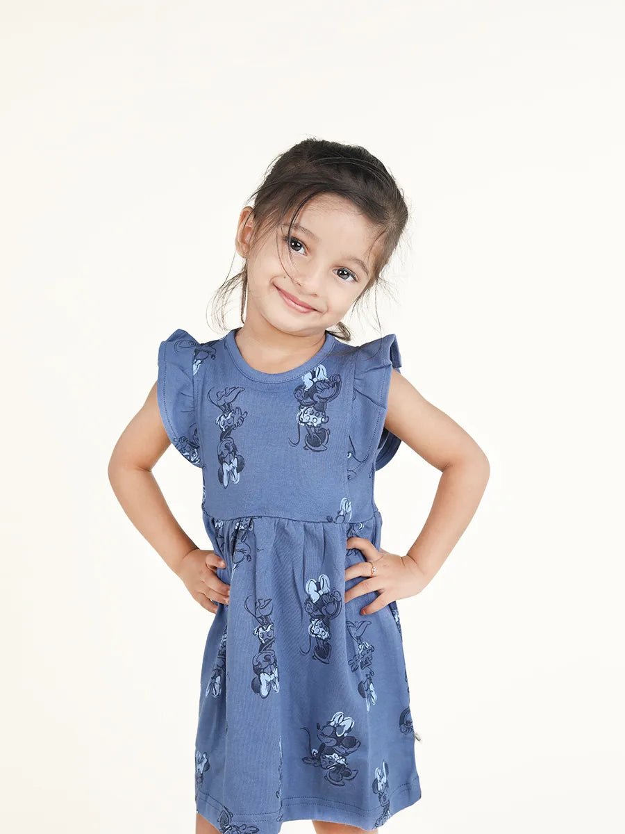 Sleeveless blue & minnie mouse pattern frock for baby girls