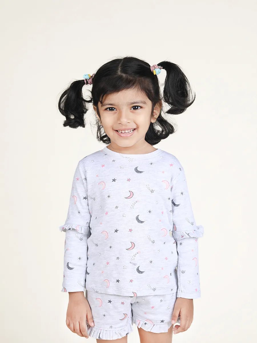 Full sleeve moon & star pattern in grey frill set for baby girl
