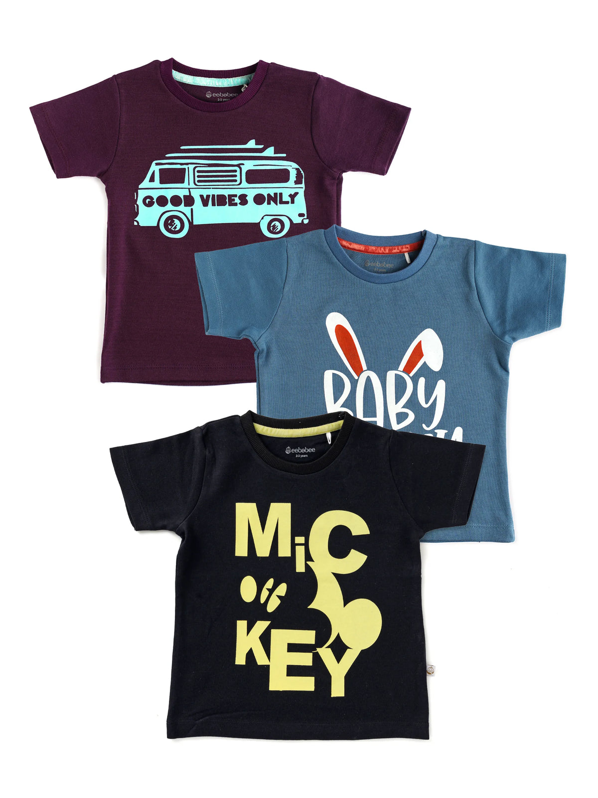 Half sleeve yellow, blue & white graphic, brown graphic t-shirt combo for baby