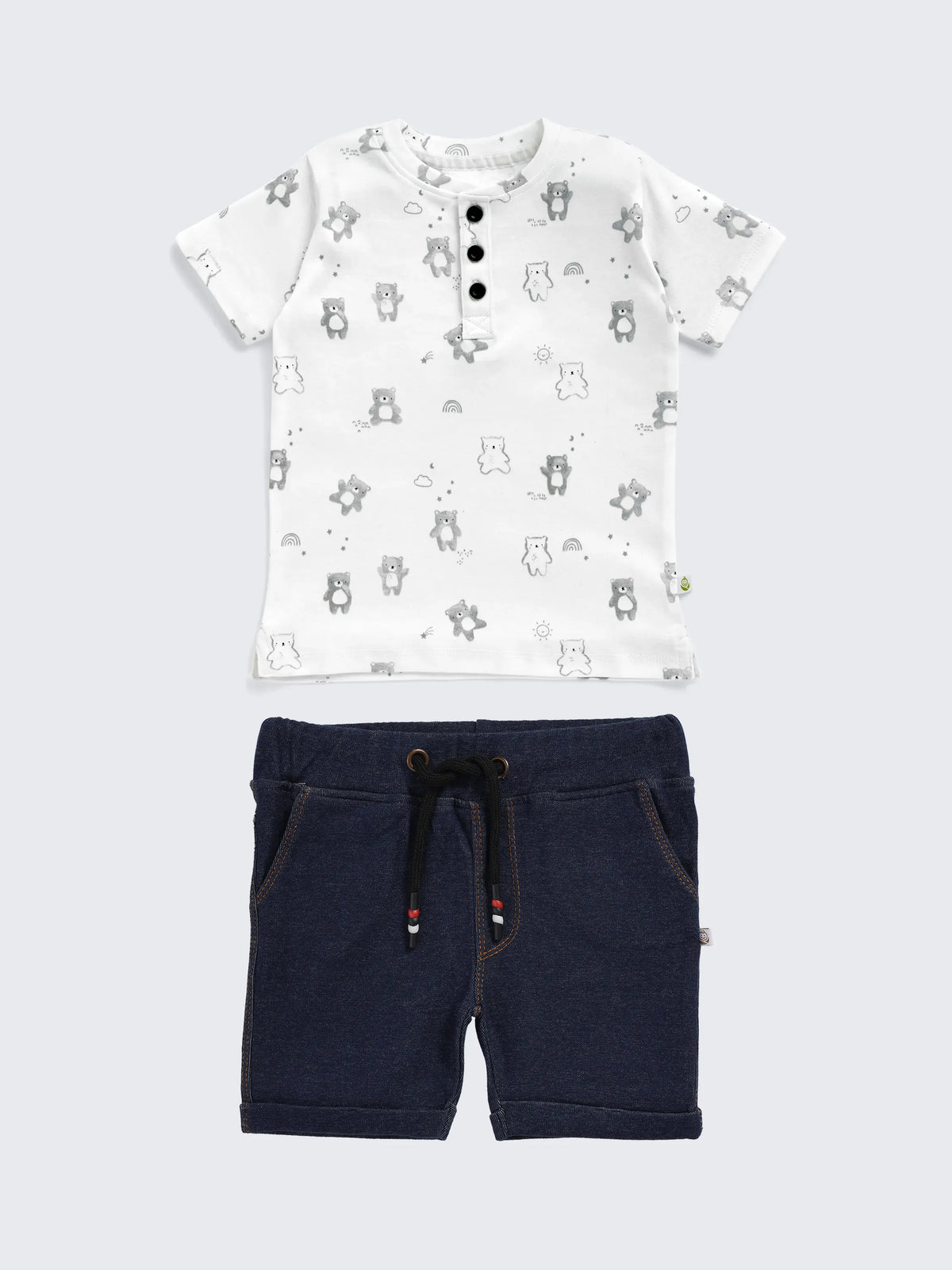 Teddy Print Henley Tee & Denim Like Shorts Set