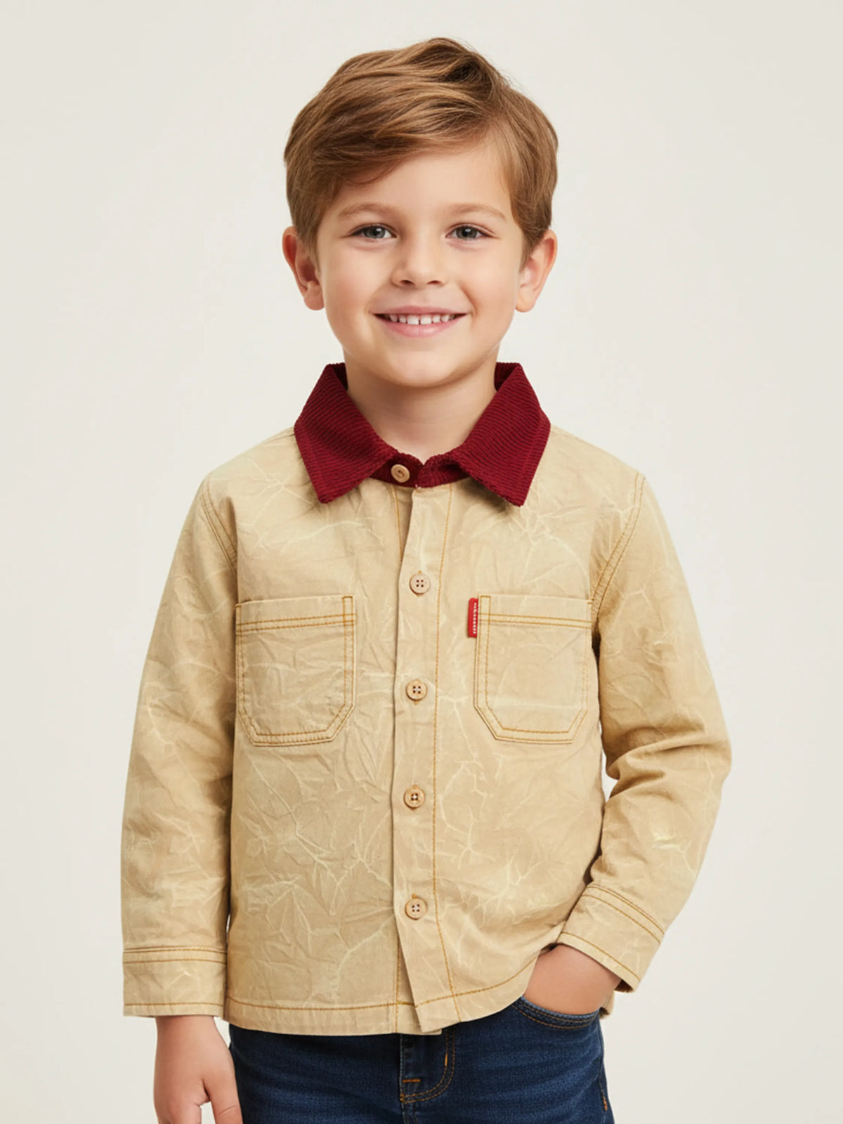 Boys Crinkle Shirt with Corduroy Collar