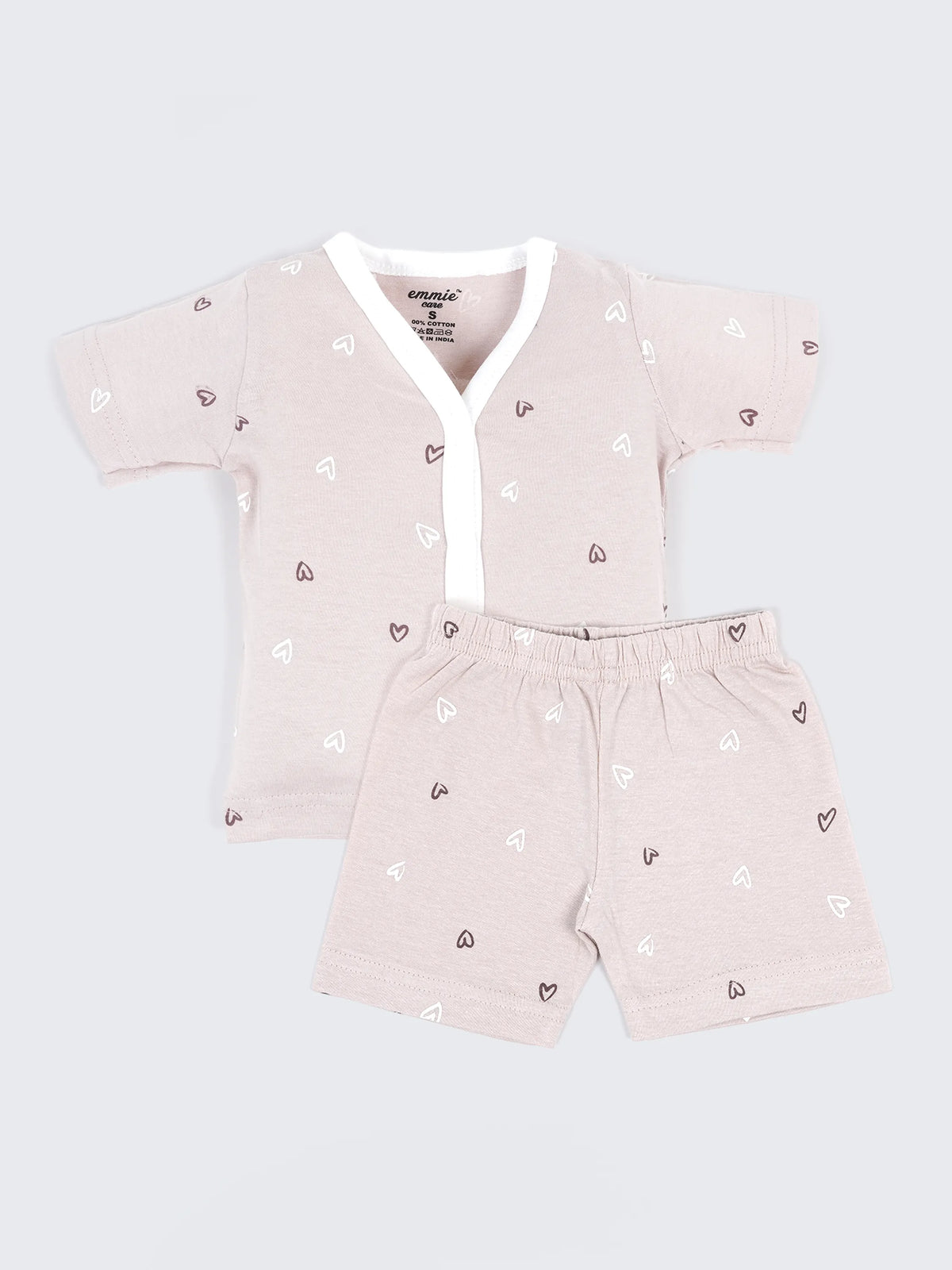 Baby Cotton Jabla & Shorts Set – Beige Heart Print Half Sleeve Baby Outfit