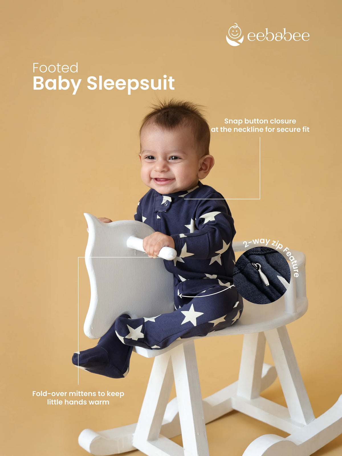 Star Print Footed Baby Sleepsuit with 2-Way Zipper