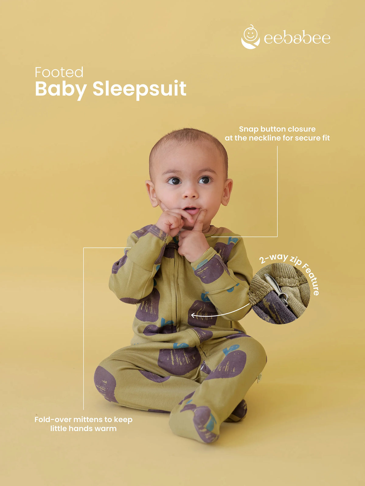 Eebabee Apple Print Footed Baby Sleepsuit with 2-Way Zip