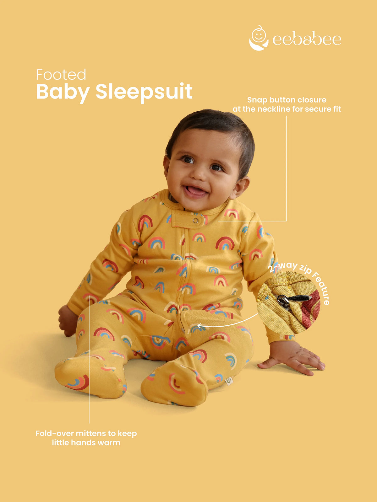 Rainbow Print Footed Baby Sleepsuit with 2-Way Zip